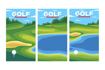 golf course with ball on tee, flag, hole and lake vertical oriental background vector illustration collection for golf club sport and tournament banner, poster, flyer, wallpaper and any media