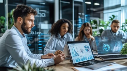 A team of global business professionals working on laptops in a collaborative office space, digital charts and graphs displayed on screens