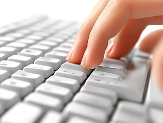 A close-up of a hand typing on a computer keyboard, highlighting digital interaction.