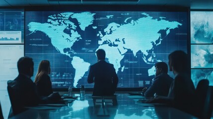 A team of global business strategists discussing international expansion plans, high-tech boardroom with maps and charts