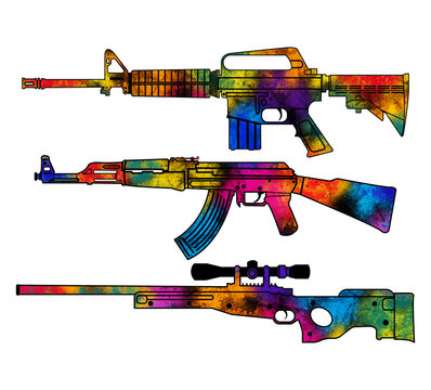 m4 rifle ak 47 awm rifle high demanding guns set modern painting artistic creative graphic digital artwork paint creativity concept poster wall decor