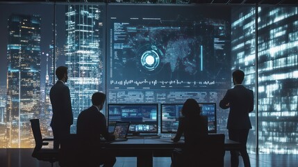 A team of international business consultants analyzing global economic data, modern workspace with large digital screens