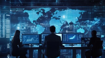 A team of international business consultants analyzing global economic data, modern workspace with large digital screens