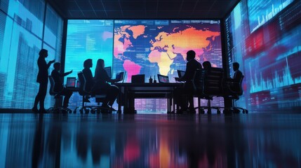 A team of international business consultants analyzing global economic data, modern workspace with large digital screens