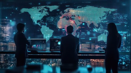 A team of international business consultants working on global market strategies, digital screens displaying world data