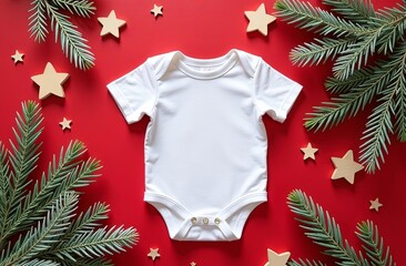 Christmas baby or pregnancy announcement mockup template, flat lay composition with white baby bodysuit, fir branches and wooden stars. Christmas mockup
