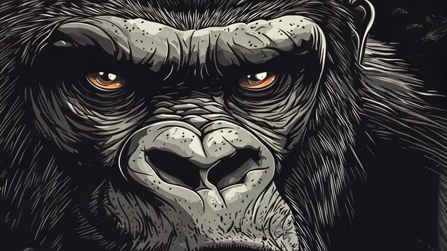 A close-up illustration of a gorilla's face, showing its intense gaze