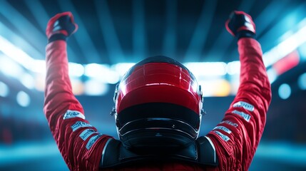 Race car driver celebrating victory in a dynamic sports arena.