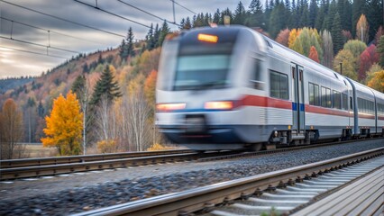 Fototapeta premium Vibrant Colors in Motion - A colorful train blurring through an autumn landscape. 