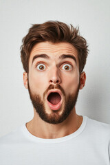 A man with a beard and a surprised expression on his face. The man's eyes are wide open and his mouth is wide open, as if he's shocked or surprised
