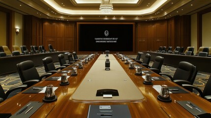 A modern conference room with a long table, chairs, and a large screen for presentations.