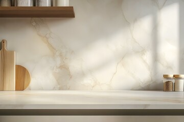 Kitchen beige marble tabletop on wall background for product presentation. Concrete empty countertop in studio for cosmetics and food advertisement design