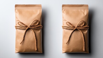 Obraz premium Two brown paper bags tied with twine on a minimalistic background.