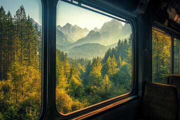 Fototapeta premium A scenic view from a train window showcasing lush forests and majestic mountains in the background during a tranquil moment in nature.