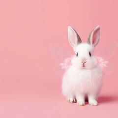 Obraz premium Charming white bunny dressed in a pink fairy costume with wings, posing on a pink background.