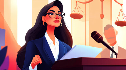 A confident woman lawyer presenting a case in court, standing at the podium while addressing the judge and jury.