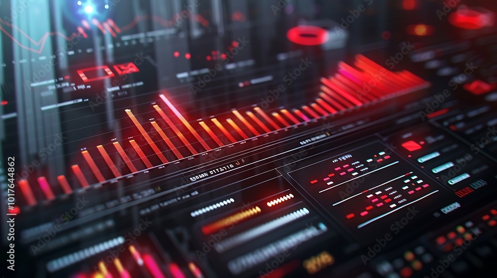 Poster digital interface with red bars and data visualization. the screen is filled with various graphic el