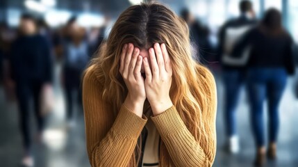Fototapeta premium Young woman with hands on her face expressing distress in a crowded environment.