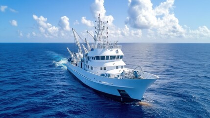 Naklejka premium Fishing Vessel Navigating Calm Ocean Waters