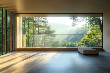 Terrace with forest view. Balcony room in the hotel with landscape that is visible through panoramic windows. Empty space with sunlight