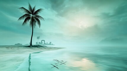 Serene Tropical Beach with Misty Horizon and Palms
