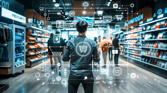 Man stands in a retail store with digital overlays of shopping cart icons, data, and technology symbols represents the future of retail and the integration of technology into the shopping experience.