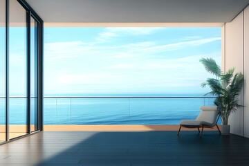 Balcony with panoramic window overlooking the sea. Empty terrace with modern interior style. Luxury studio for travel advertising