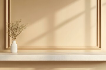 Beige tabletop on classic wall panels background. Empty concrete countertop for cosmetics, drinks and food presentation. Clean marble desk for advertising design