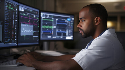 A cybersecurity specialist reviewing security protocols in a hospital setting, ensuring the protection of electronic medical records.