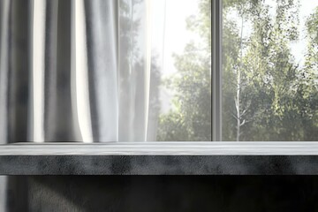 Gray concrete tabletop on window background with curtain. Empty kitchen stone countertop for beverage, beauty product and food presentation. Clean mockup for advertisement design