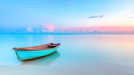 Naklejka premium Serene Boat on Tranquil Beach at Sunset