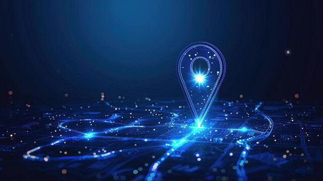 Location pin in low polygonal wireframe, geometric technology concept isolated blue light background