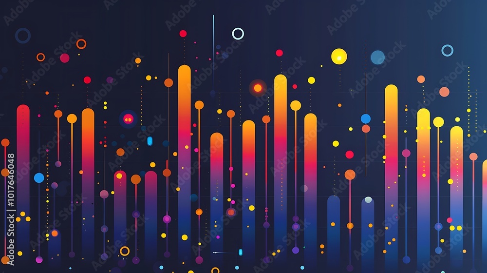 Poster abstract colorful background with lines and circles. the background is dark with bright colors.