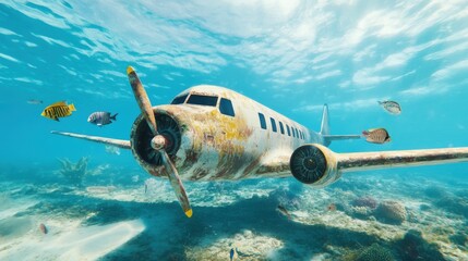 Obraz premium Sunken Vintage Airplane Underwater with Colorful Fish