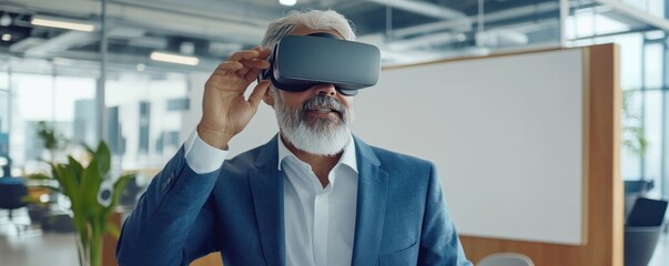 A man wearing virtual reality goggles in a modern office setting.