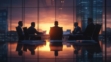 Corporate leaders discussing business growth strategies in an executive boardroom