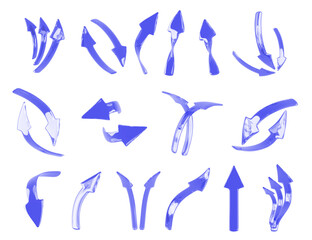 3d set of glass blue arrow isolated render icon set. Realistic straight, curved, spiral direction pointer up, down, left and right. Double, triple and circular symbol for infographic. 3D illustration