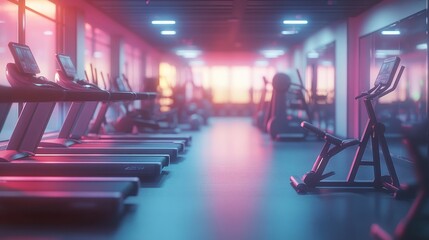 Naklejka premium Empty gym with treadmills and exercise bikes under pink and blue neon lights.
