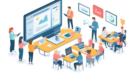 Corporate training session with employees following on digital devices
