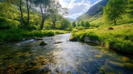 Crystal-clear stream flowing through a green valley surrounded by trees