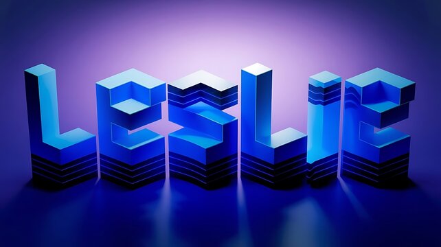 3d geometric blue typography render of name Leslie on purple gradient background