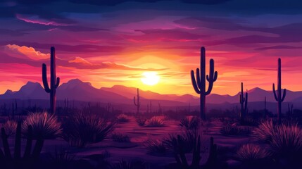 Desert landscape with cacti silhouetted against a vibrant sunset