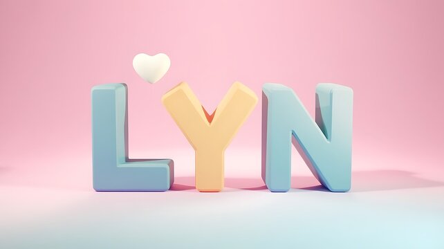 3d pastel typography of name Lyn with heart on soft background