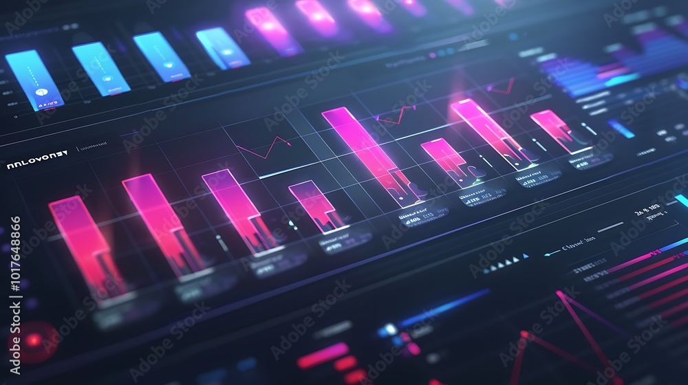 Poster digital dashboard interface, showcasing a variety of charts, graphs, and data visualizations represe