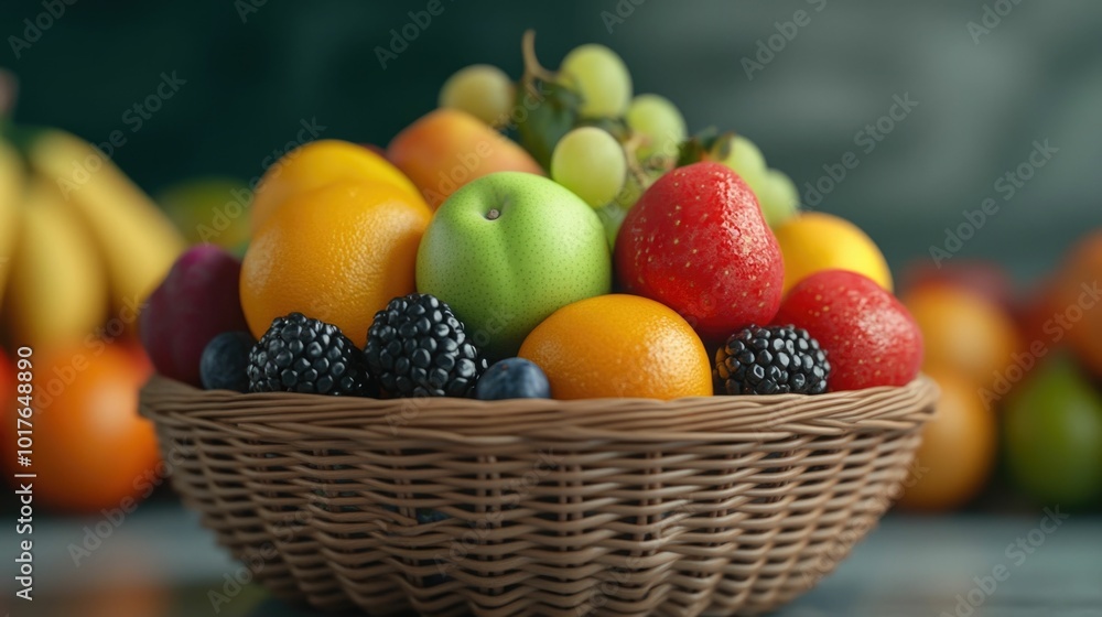 Aufkleber visually appealing 3d showcasing a wicker basket filled with a vibrant juicy assortment of organic f