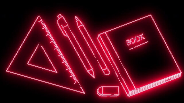 Illustration of school equipment icons: ruler, pen, pencil, eraser, notebook. Red light animation