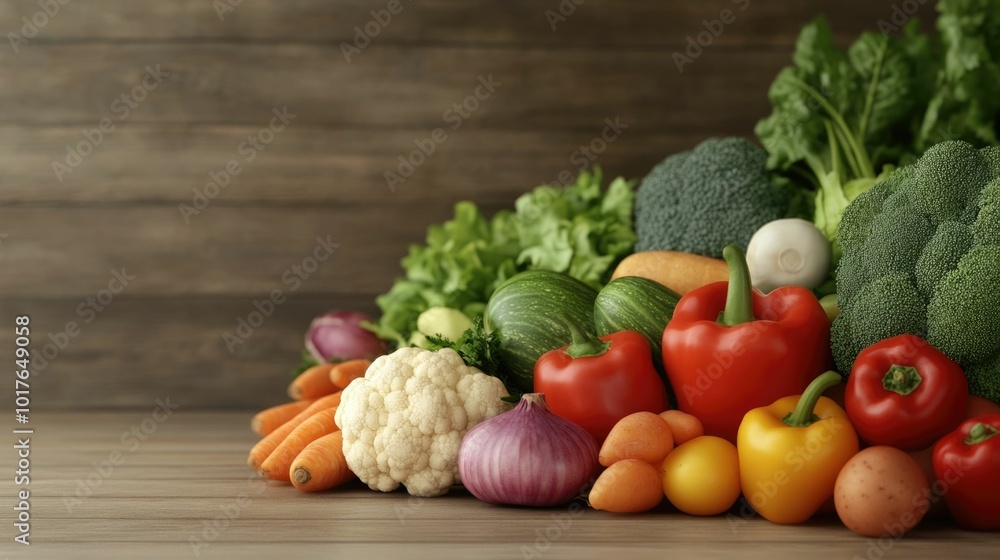 Poster assorted fresh organic vegetables including broccoli carrots tomatoes peppers cauliflower and onions