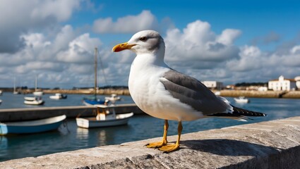 Fototapeta premium Close-up photo of a seagull while observing the ocean. A herring gull sitting on the coast against the beautiful sky in the bay.