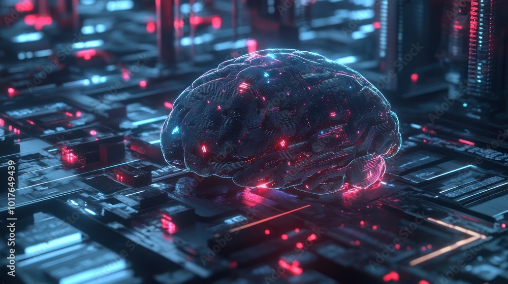 Poster ai brain with futuristic circuits, representing cutting-edge technology in ai brain development.