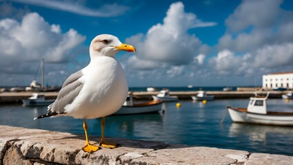 Close-up photo of a seagull while observing the ocean. A herring gull sitting on the coast against the beautiful sky in the bay.